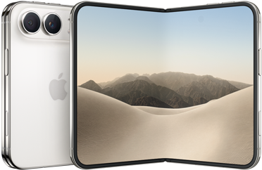 جهاز iPhone Duo، الجهة الخارجية الخلفية وهو مغلق، لون أبيض النجوم، نظام كاميرا Fusion المزدوجة في أعلى اليسار، شعار Apple في الوسط. شاشة داخلية مفتوحة، تصميم كله شاشة، زوايا مدورة