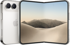 جهاز iPhone Duo، الجهة الخارجية الخلفية وهو مغلق، لون أبيض النجوم، نظام كاميرا Fusion المزدوجة في أعلى اليسار، شعار Apple في الوسط. شاشة داخلية مفتوحة، تصميم كله شاشة، زوايا مدورة