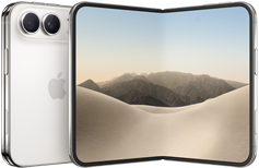 جهاز iPhone Duo، الجهة الخارجية الخلفية وهو مغلق، لون أبيض النجوم، نظام كاميرا Fusion المزدوجة في أعلى اليسار، شعار Apple في الوسط. شاشة داخلية مفتوحة، تصميم كله شاشة، زوايا مدورة