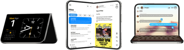 ثلاثة موديلات iPhone Duo معروضة في وضعيات مختلفة جنباً إلى جنب: iPhone Duo في الجهة اليسرى مفتوح ومثبّت على شكل حرف V مقلوب ومستقر على حوافه، شاشته موجّهة نحو الخارج في نمط الاستعداد وتعرض تطبيق الساعة، جهاز iPhone Duo في الوسط يقف في وضع مستقيم على شكل حرف V في نمط الاستعداد ويعرض تطبيق Siri في الجهة اليسرى وتطبيق الرسائل في الجهة اليمنى، جهاز iPhone Duo في الجهة اليمنى مفتوح ومستقر على اللوحة السفلية مع تطبيق +Fitness في الأمام